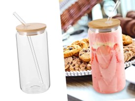 Vaso vidrio con sorbete y tapa bambu liso